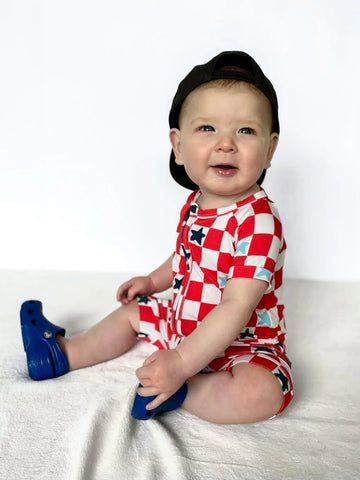 USA STAR CHECKER | Bamboo baby retro zippy shortie romper- FINAL SALE