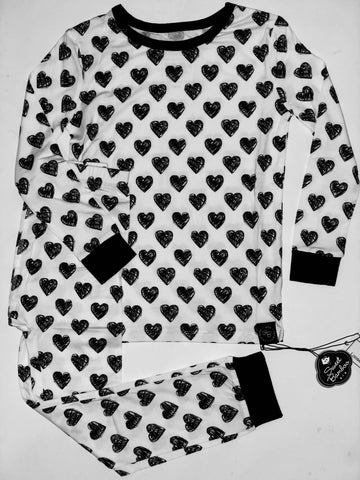 Two Piece Pajama Set in Black and White Scribble Hearts